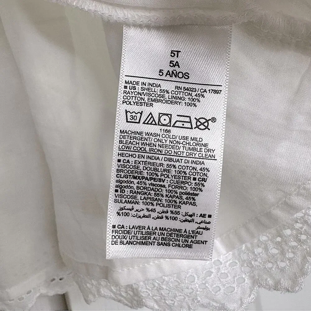 Old Navy White Floral Embroidered Kids Dress Ruffled Cotton Blend Sleeveless 5T